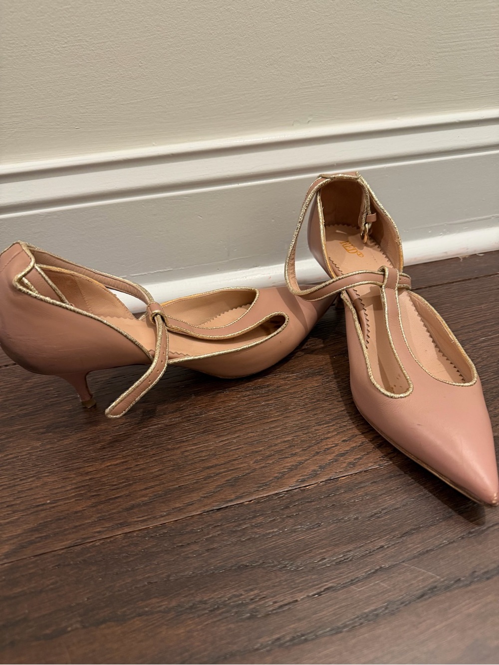 RED Valentino Blush Pink Pointed Kitten Heel Pumps with Gold Trim